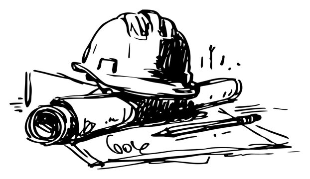 Safety hard hat resting on construction blueprints and architectural rolls with pencil in a hand drawn sketch style