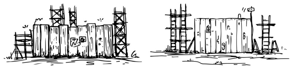 Construction site hoarding panels and scaffolding structures hand drawn sketch © AdrianGebert