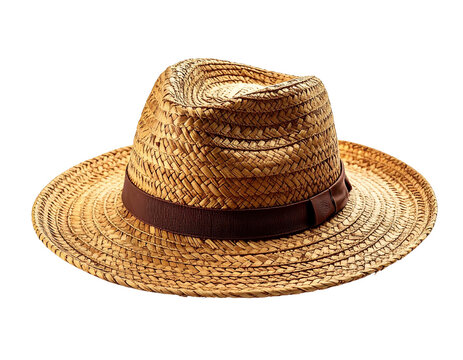 A close-up shot of a beige woven straw hat with a dark band. This hat is a popular accessory for protecting from the sun on a transparent isolated background, PNG