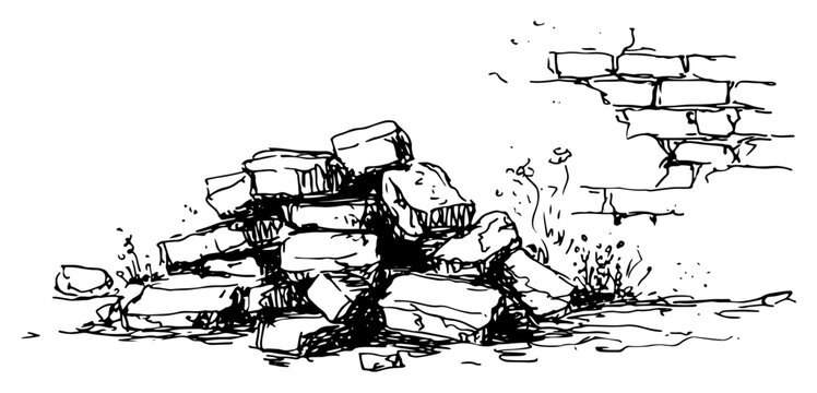 Bricks and stones pile near weathered brick wall hand drawn sketch