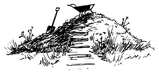 Dirt mound with shovel and wheelbarrow at construction site in hand drawn sketch style © AdrianGebert
