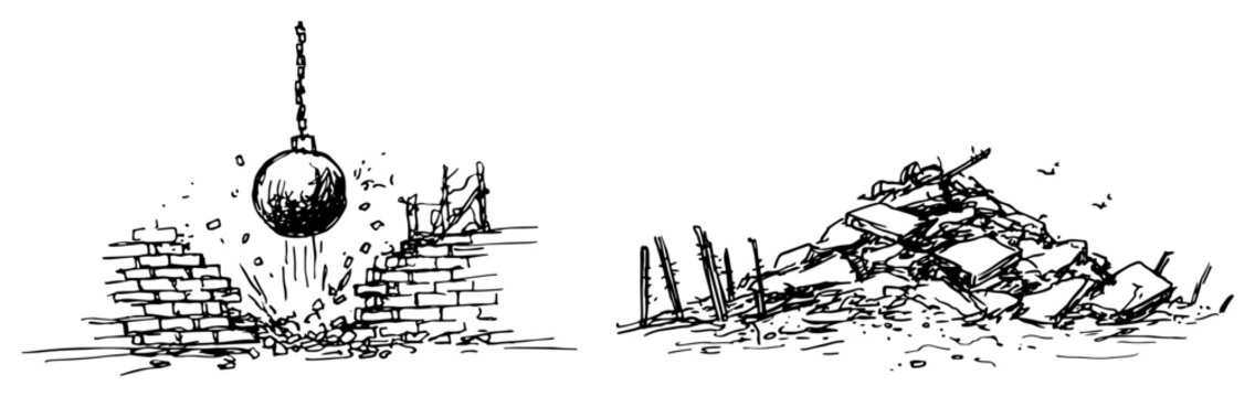 Wrecking ball destroying brick wall and pile of rubble in hand drawn sketch style