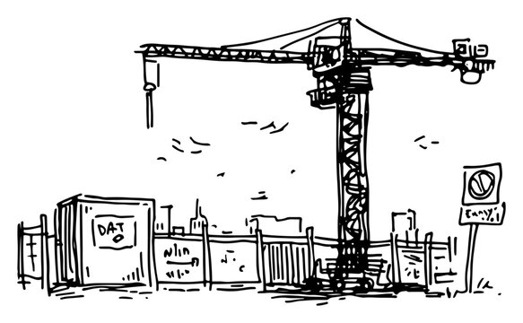 Tower crane at construction site with fence sketch illustration