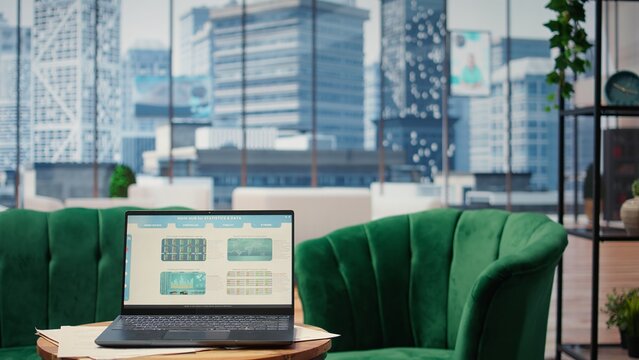 Empty urban enterprise high end office designed for a person with authority, analytics and profit trends running on screen. Modern global corporation workspace, business success.