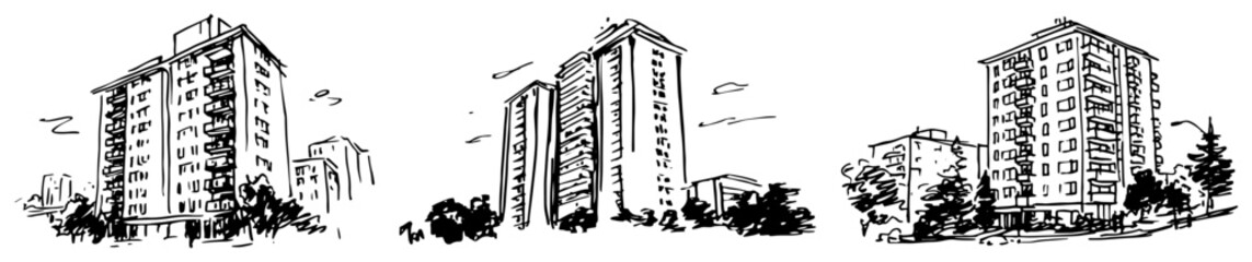 High rise residential towers and apartment buildings set sketch illustration © AdrianGebert