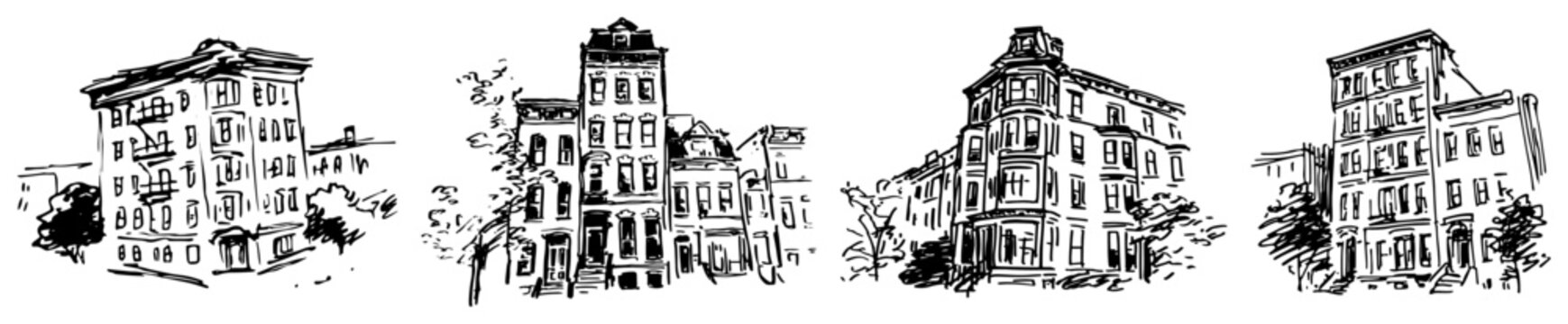 Townhouse building and classic apartment house facade set sketch illustration