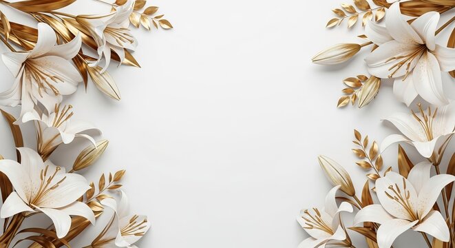 White lily flower frame with golden leaves on white background. Elegant floral arrangement for luxury invitation. Decorative botanical border, wedding card design and greeting element.