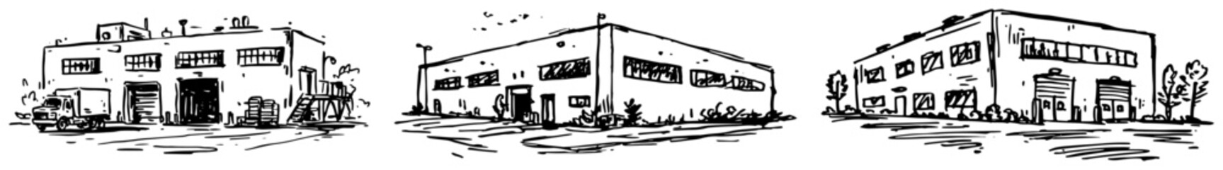 Industrial warehouse and commercial building exterior set sketch illustration © AdrianGebert