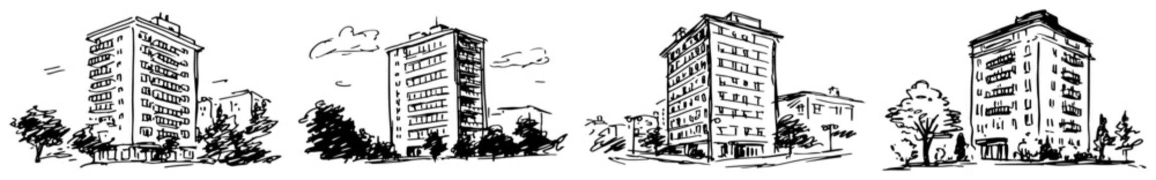 Apartment blocks and residential tower buildings set sketch illustration