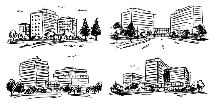 Modern office campus and commercial business center buildings sketch illustration
