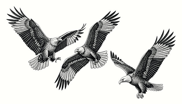 Bald eagle soaring in air monochrome illustration. Isolated, vector of eagle engraving style