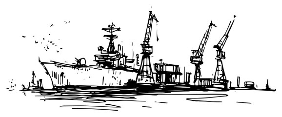 Obraz premium Ship and industrial harbor cranes in port in hand drawn sketch style