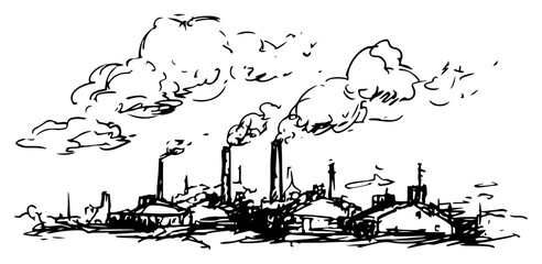 Obraz premium Industrial factory skyline with smoking chimneys and clouds in a hand drawn sketch style