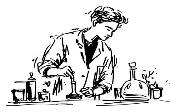 Scientist in lab coat working with chemical flasks in laboratory hand drawn sketch