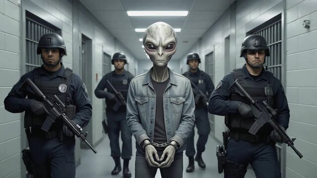Extraterrestrial being in handcuffs escorted through high-security prison corridor by armed guards. Cinematic tracking shot of alien prisoner.