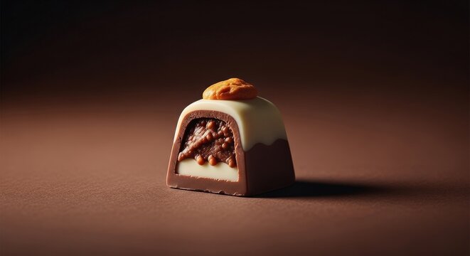 A delicious piece of chocolate with white chocolate and caramel filling on a brown background, perfect for dessert or snacking