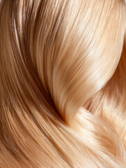 Naklejka premium Close up of smooth, shiny, wavy blonde hair with silky texture and golden highlights. High quality image capturing the essence of healthy hair, beauty care, and a luxury hair salon