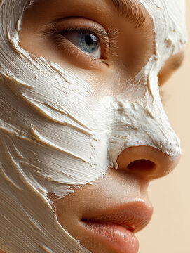 Close up of a beautiful young woman applying a thick white mud mask or clay cream to her face, showcasing a rich texture for a rejuvenating skincare routine and spa treatment