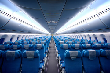 Fototapeta premium Symmetrical wide angle shot of an empty airplane cabin with rows of blue passenger seats, overhead bins, and soft blue LED lighting, representing air travel and transportation