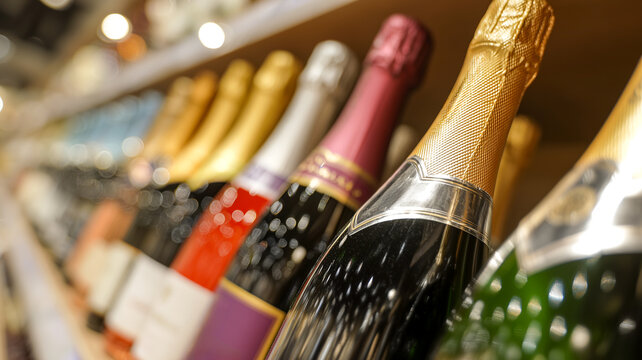 Row of premium champagne and sparkling wine bottles on a wooden store shelf. Close-up of elegant gold foils and elegant labels with a soft blurred bokeh background in a cellar