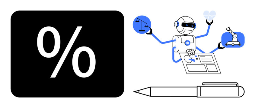 Automation, artificial intelligence, innovation, robotics, data processing, technology integration. A robot juggling finance, law and innovation concepts with a pen and percentage sign. Automation