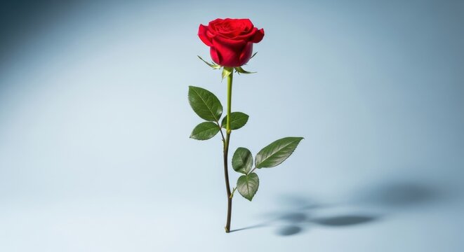 A single red rose with green leaves on a blue background, casting a shadow, symbolizing love and romance in a minimalist setting