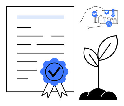 Business certification, product authenticity, ecommerce, environmental sustainability, growth, approval marks. Certification paper with a seal, shopping on phone and sprouting plant. Certification