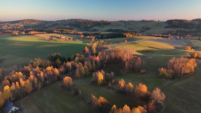 Aerial view of an asphalt road cutting through fields, contrasting with the golden light and shadows, creating a picturesque landscape, Detvianska Huta, Slovakia.