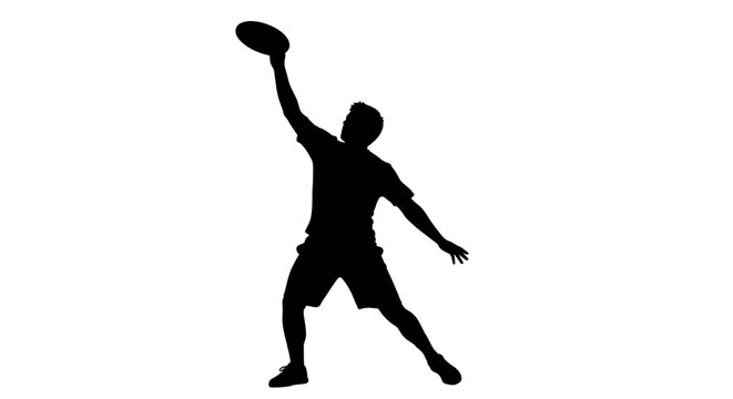 A silhouette of a man throwing a frisbee in a dynamic pose against a white background silhouette