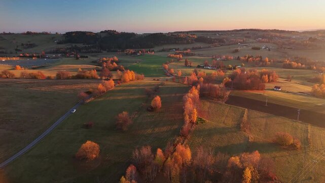 Aerial view of fields and trees displaying autumn colors under the warm glow of the setting sun, Detvianska Huta, Banska Bystrica Region, Slovakia.