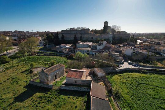 Zamora city, aerial view with the Church of Santiago de los Caballeros in the foreground and the Cathedral rising above the historic skyline, Zamora, Castile and Le&oacute;n, Spai