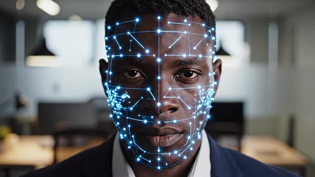 This features a close-up of a man in a business suit with facial recognition technology superimposed over his face. The technology is represented by a grid of blue dots and lines that map the contours