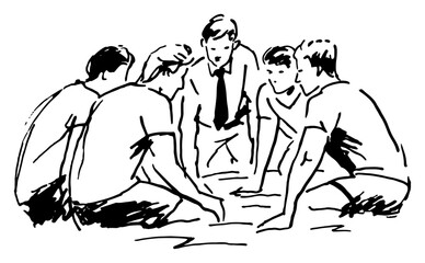 Obraz premium Soccer players in team huddle with coach in hand drawn sketch style