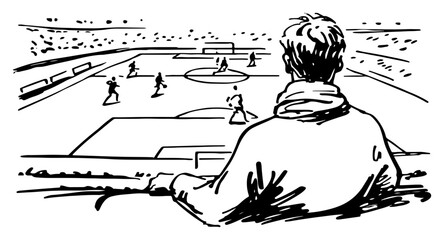 Man watching soccer match from stadium stands in hand drawn sketch style © Celestynka