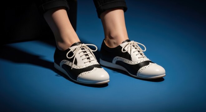 A stylish pair of black and white brogue shoes on a woman's feet against a blue background