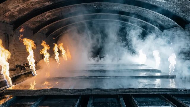 Medium shot of a gasfired tunnel kiln where wallboards pass through highlighting intense heat zones and rapid moisture removal in an industrial drying process.
