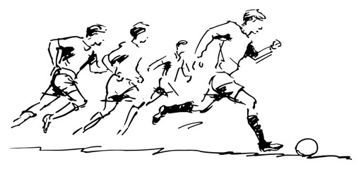 Group of soccer players running towards ball on field in hand drawn sketch style © Celestynka