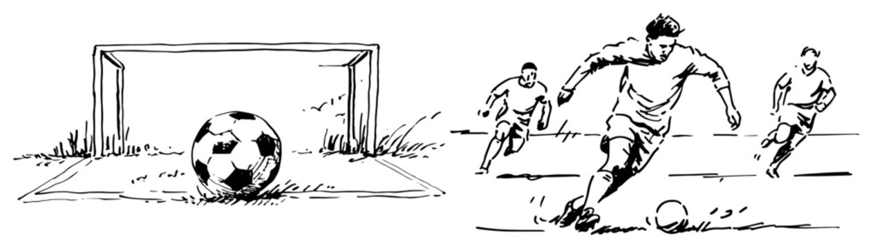 Soccer goal with ball and athlete dribbling on field in hand drawn sketch style
