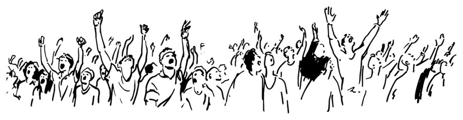 Crowd of football fans cheering with raised hands at stadium in sketchy line art style © Celestynka