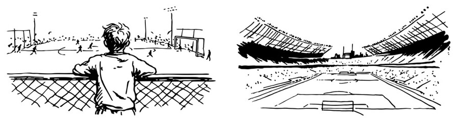 Boy watching football match through fence at stadium in hand drawn sketch style © Celestynka