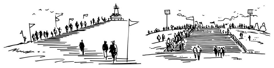 Fototapeta premium People climbing a grand outdoor staircase toward a monument in minimalist line art style
