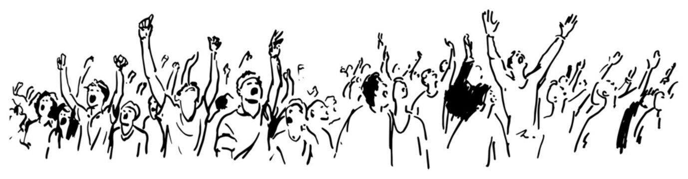 Crowd of football fans cheering with raised hands at stadium in sketchy line art style