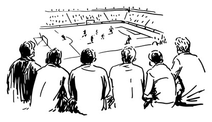 Fans watching soccer match in a stadium seen from behind in minimalist ink sketch style © Celestynka