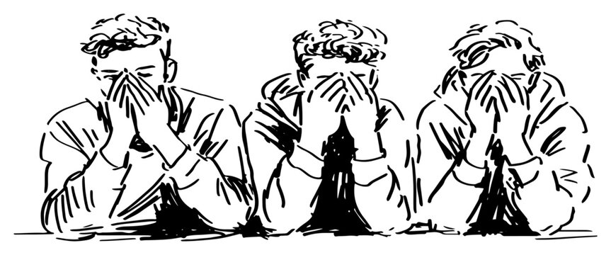 Three men covering their faces in despair and disappointment in expressive ink sketch style