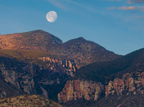 Moon just about to disappear behind the Huachuca mountains after surnrise