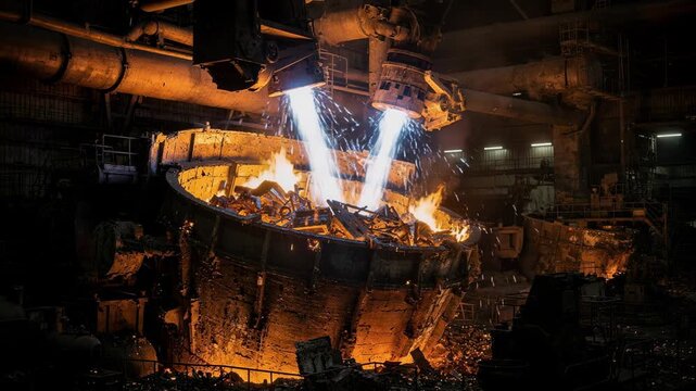 Sideangle medium shot of electric arc furnace operation with vivid arcs and scrap metal pieces burning inside the glowing furnace shell emphasizing heavy industry action.