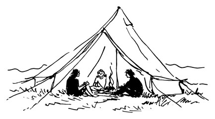 People camping in tent by campfire in nature landscape in minimalist ink sketch style © Celestynka
