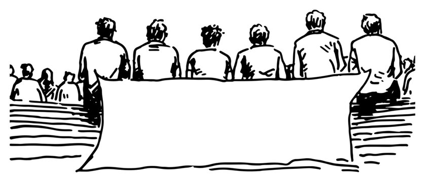 Men sitting at a long table seen from behind in minimalist ink sketch style