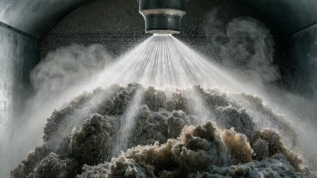 Medium shot of fine mist binder spray evenly coating hot mineral fibers inside an industrial chamber highlighting the precision of resin application in material processing.