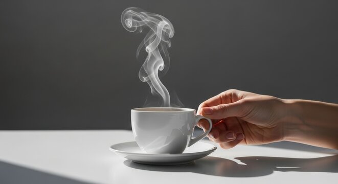 A hand holding a steaming hot cup of coffee on a saucer on a white table with a dark background